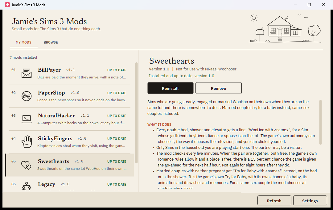 The mod client: a list of mods on the left and the selected mod’s description on the right