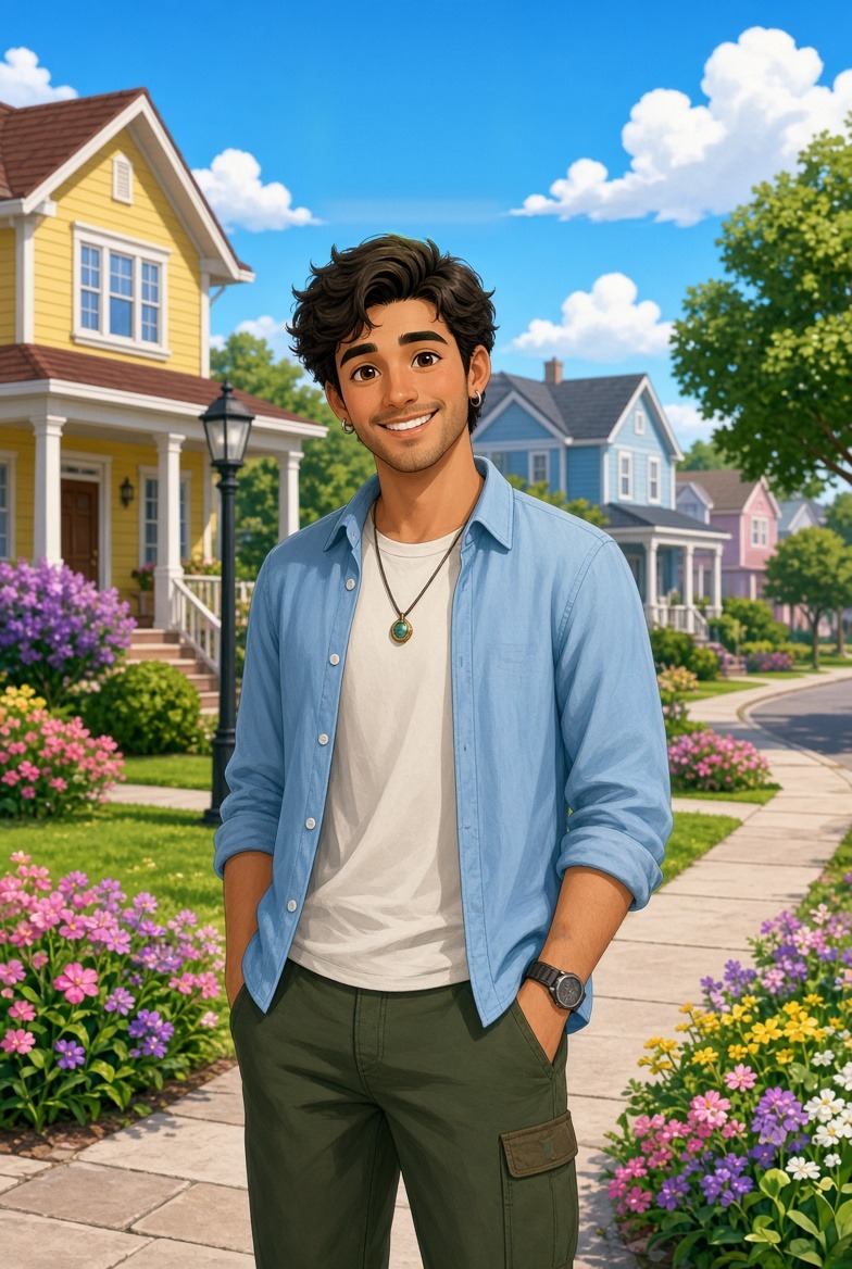 A Sim on a suburban street